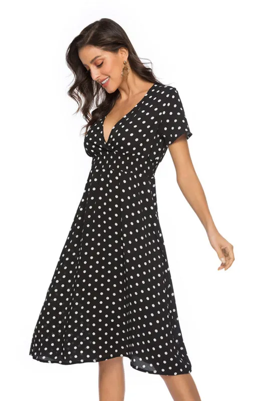 Polka Dot V-Neck Knee-Length Dress with Short Sleeves
