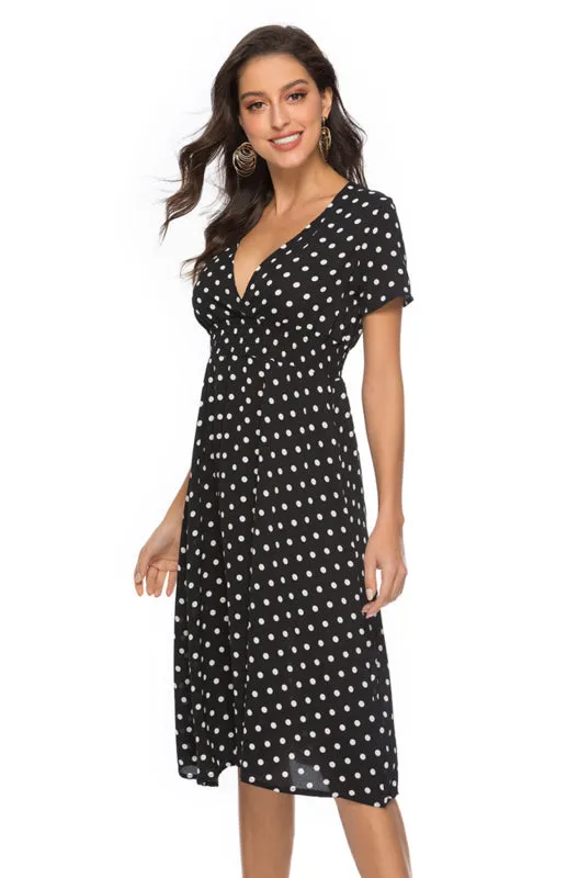 Polka Dot V-Neck Knee-Length Dress with Short Sleeves