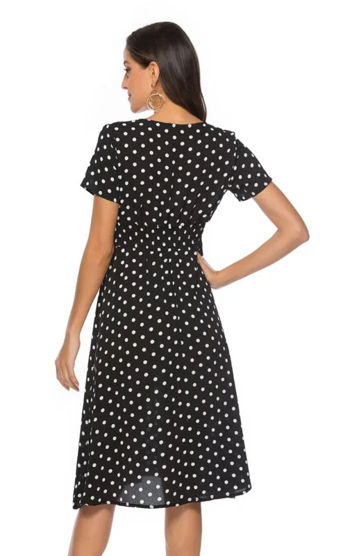 Polka Dot V-Neck Knee-Length Dress with Short Sleeves