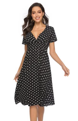 Polka Dot V-Neck Knee-Length Dress with Short Sleeves