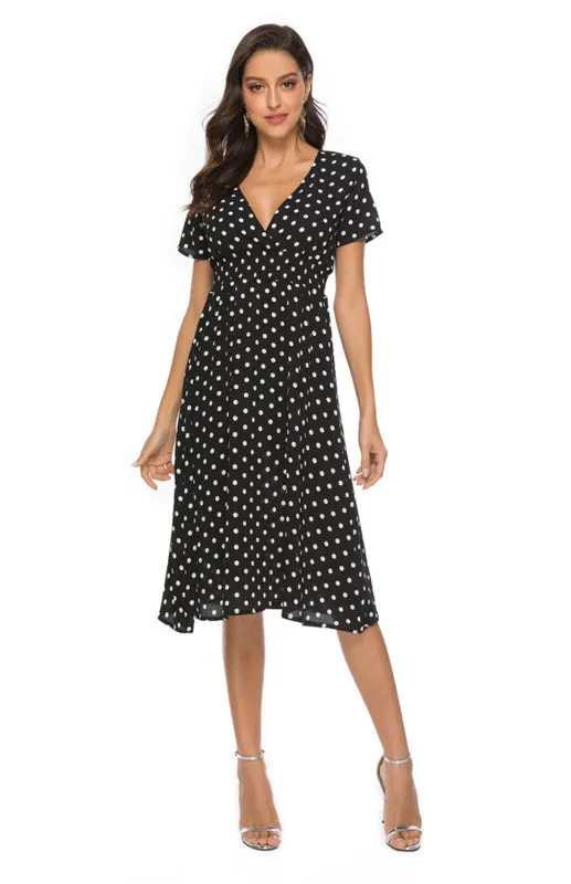 Polka Dot V-Neck Knee-Length Dress with Short Sleeves