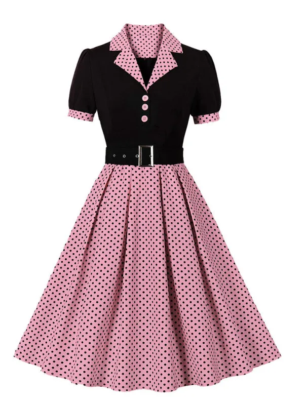 Polka Dot Vintage Lapel Dress with Belted Slim Fit