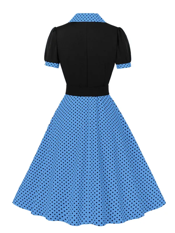 Polka Dot Vintage Lapel Dress with Belted Slim Fit