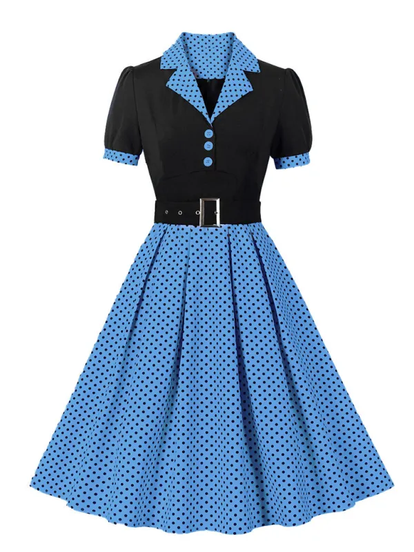 Polka Dot Vintage Lapel Dress with Belted Slim Fit