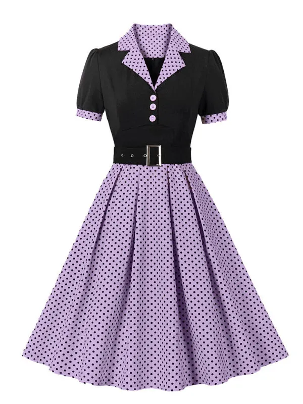 Polka Dot Vintage Lapel Dress with Belted Slim Fit