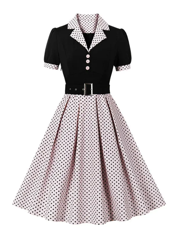 Polka Dot Vintage Lapel Dress with Belted Slim Fit