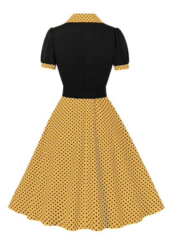 Polka Dot Vintage Lapel Dress with Belted Slim Fit
