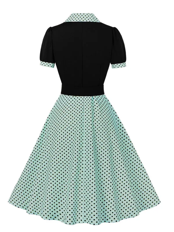 Polka Dot Vintage Lapel Dress with Belted Slim Fit