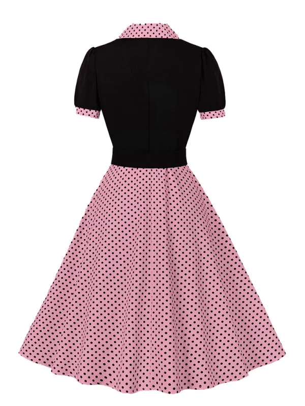 Polka Dot Vintage Lapel Dress with Belted Slim Fit