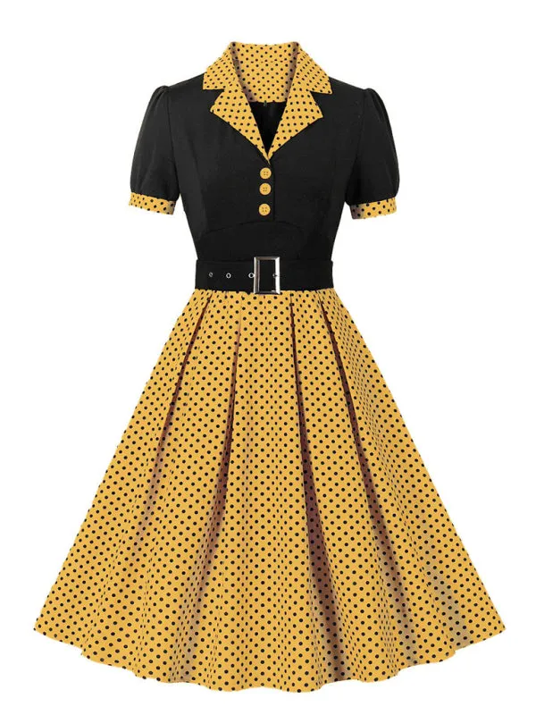 Polka Dot Vintage Lapel Dress with Belted Slim Fit