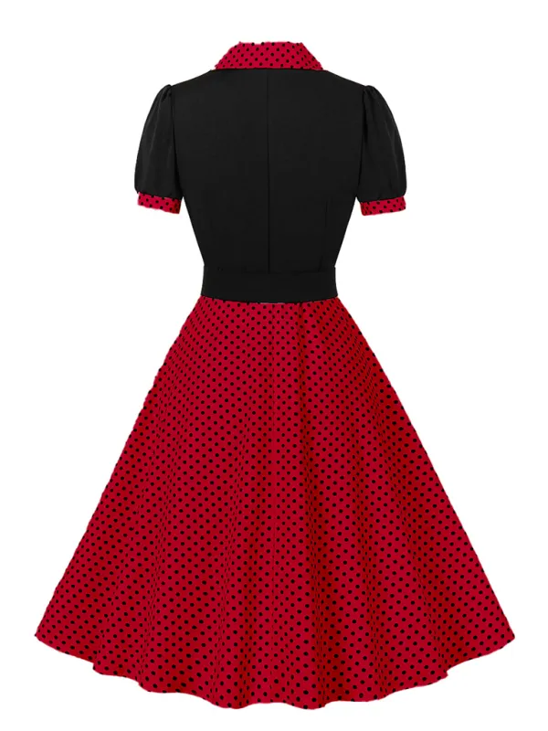 Polka Dot Vintage Lapel Dress with Belted Slim Fit