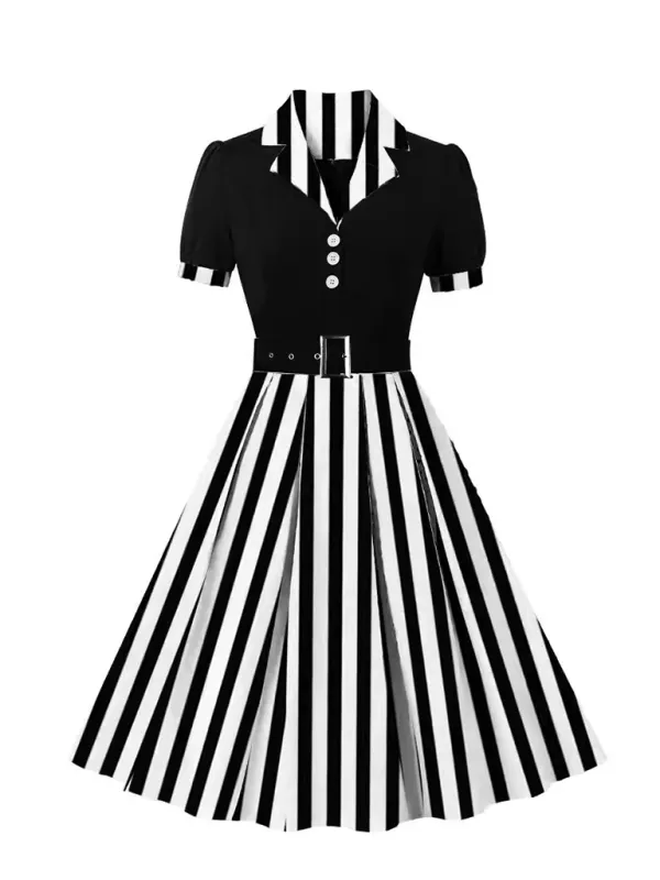 Polka Dot Vintage Lapel Dress with Belted Slim Fit