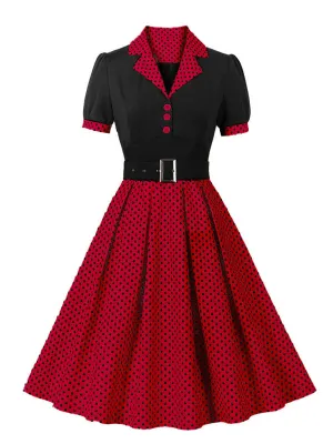 Polka Dot Vintage Lapel Dress with Belted Slim Fit