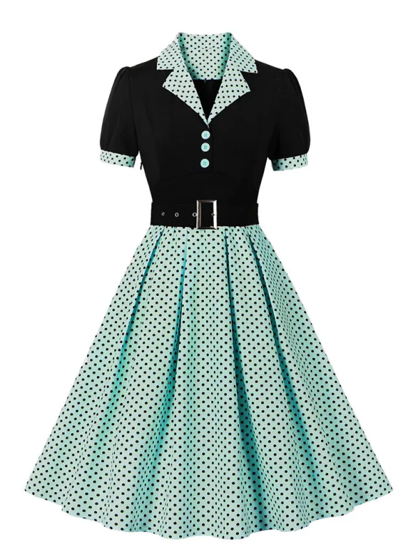 Polka Dot Vintage Lapel Dress with Belted Slim Fit