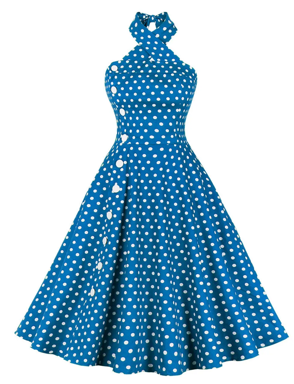 Polka Dots Halter Elastic Back High Waist 1950 Vintage Dress