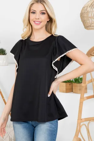 Pompom Detail Butterfly Sleeve Top