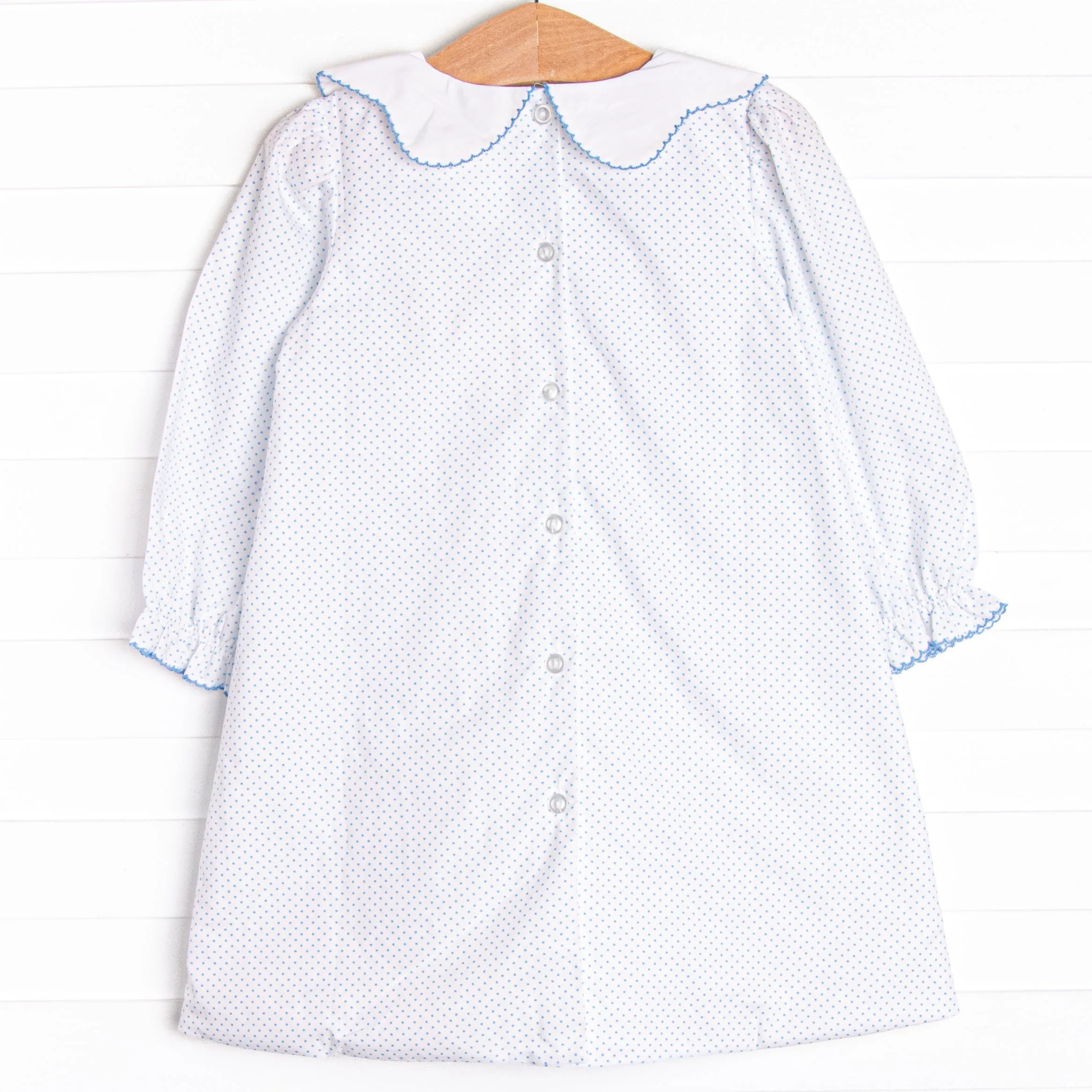 Precious Pumpkins Embroidered Dress, Blue Bitty Dot