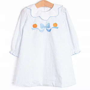 Precious Pumpkins Embroidered Dress, Blue Bitty Dot