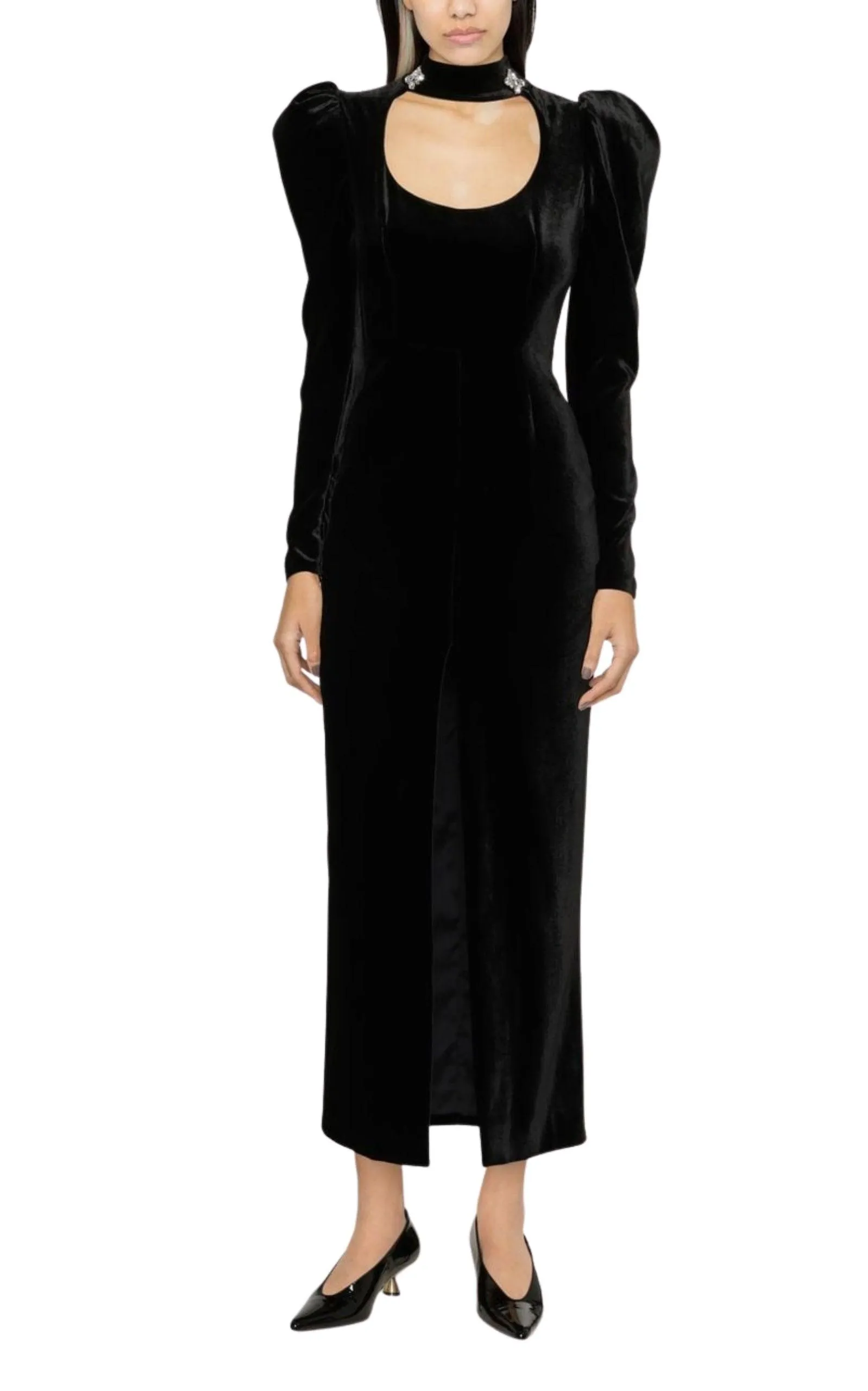 Puff-Shoulders Velvet Gown
