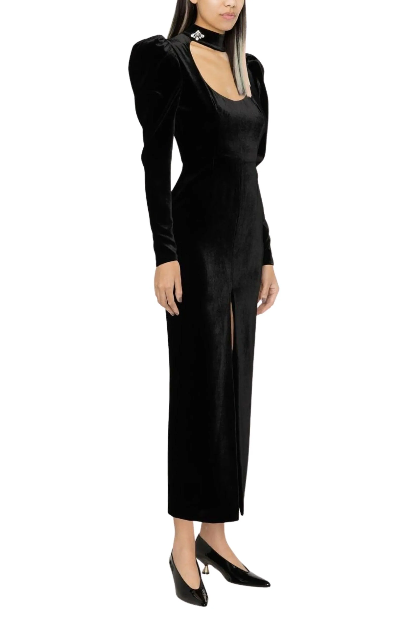 Puff-Shoulders Velvet Gown