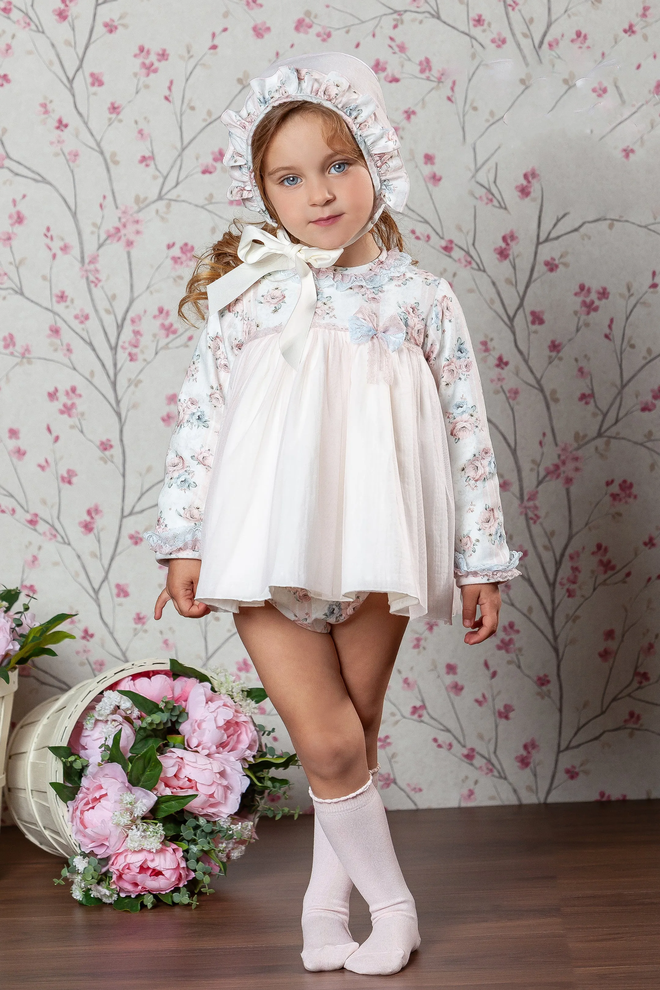 "Adriana" Pink Vintage Floral Dress, Bloomers & Bonnet