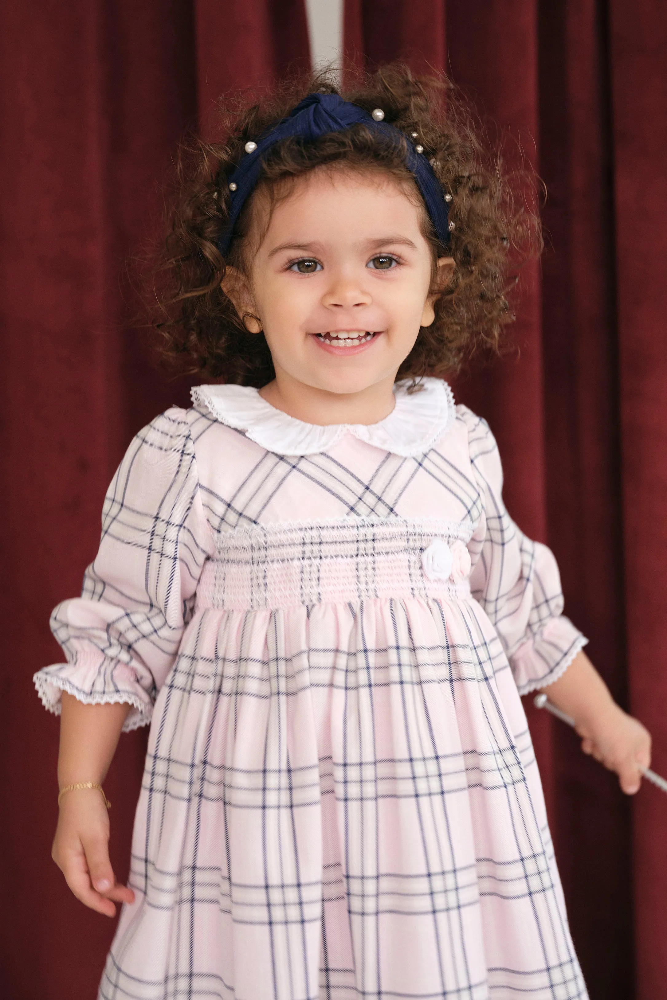 "Haven" Pale Pink Tartan Smocked Dress