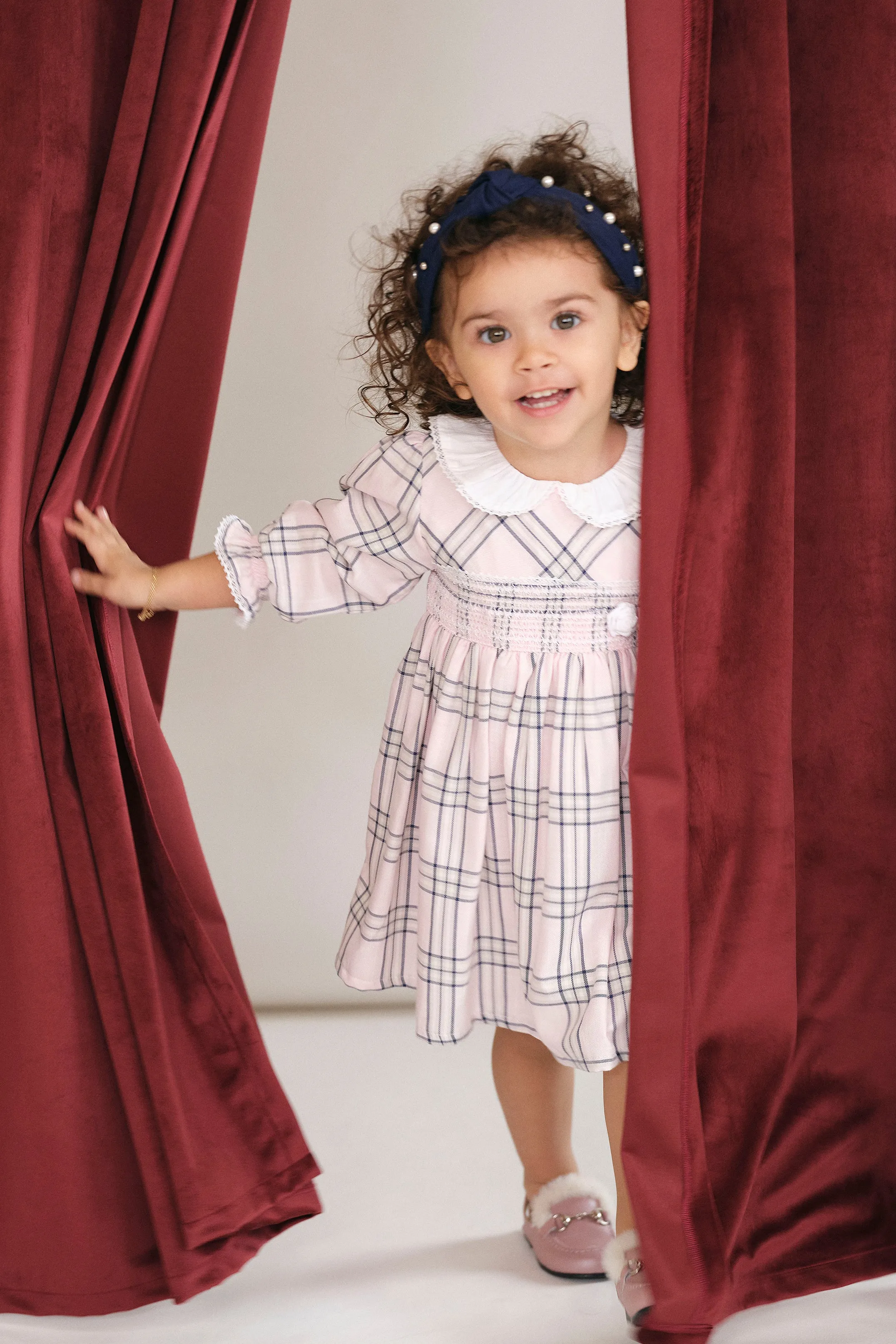 "Haven" Pale Pink Tartan Smocked Dress