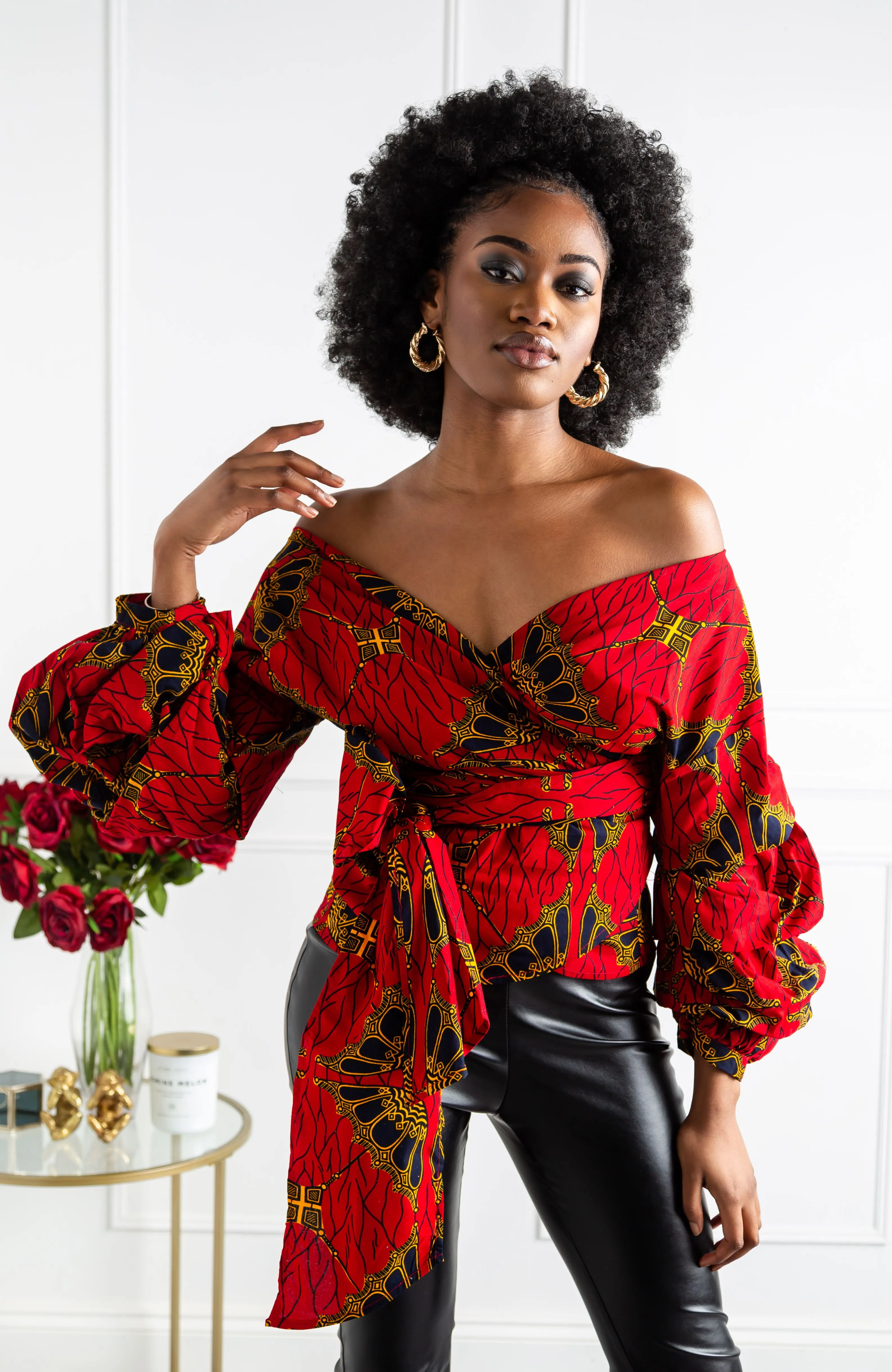 Red Ankara Off Shoulder Wrap Blouse - Ankara Wrap Bardot Top - CORDELIA