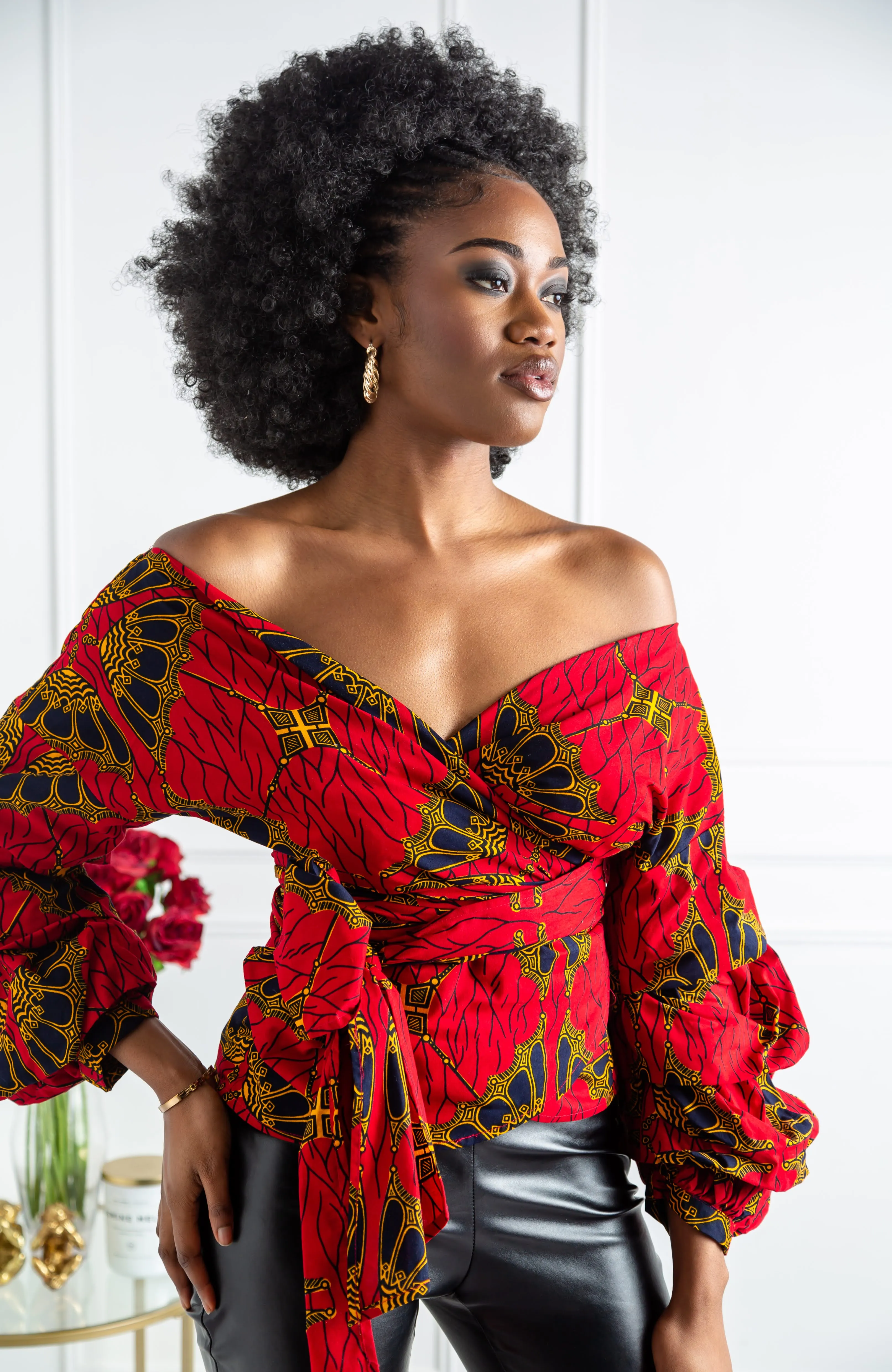 Red Ankara Off Shoulder Wrap Blouse - Ankara Wrap Bardot Top - CORDELIA