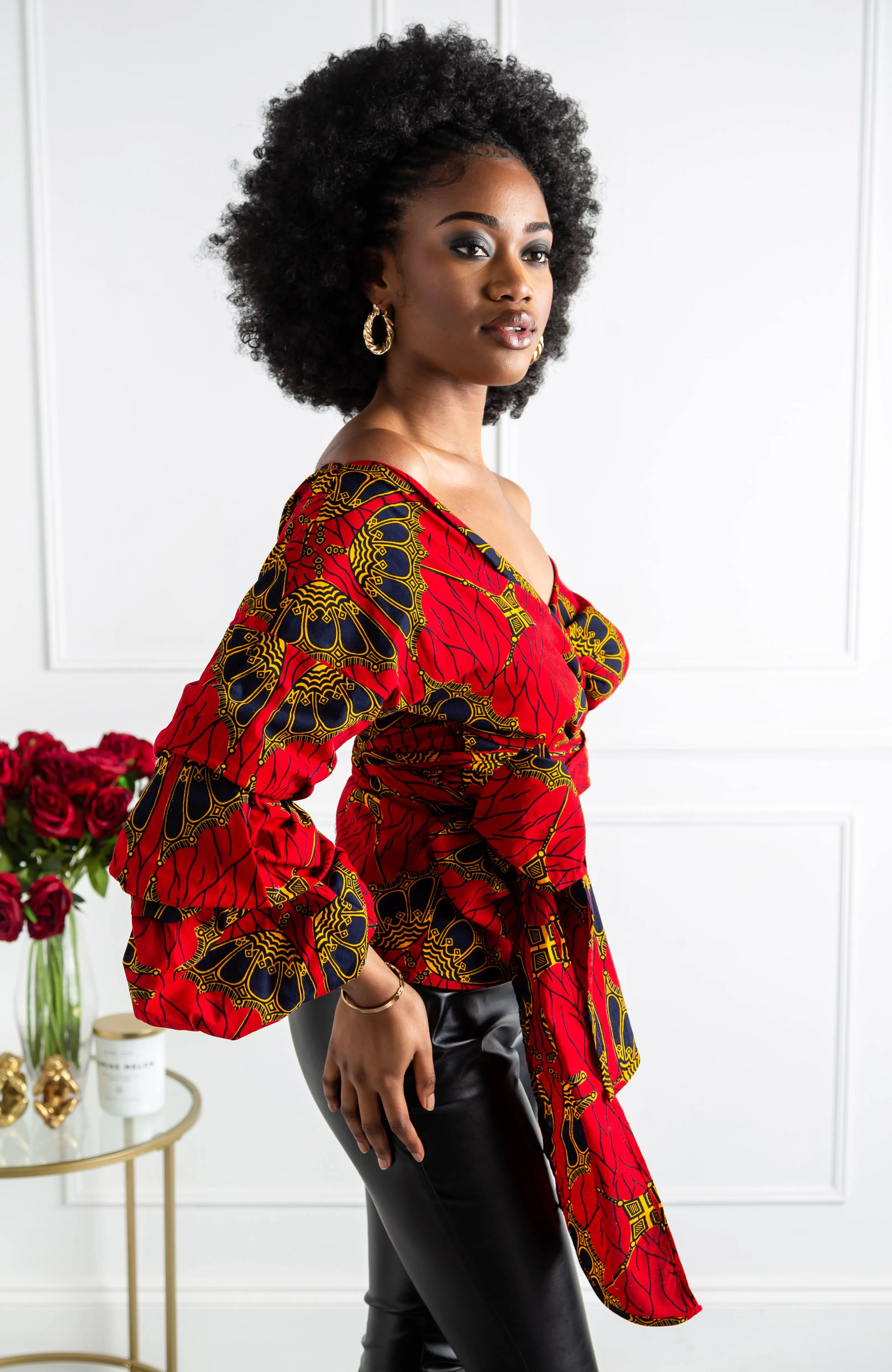 Red Ankara Off Shoulder Wrap Blouse - Ankara Wrap Bardot Top - CORDELIA