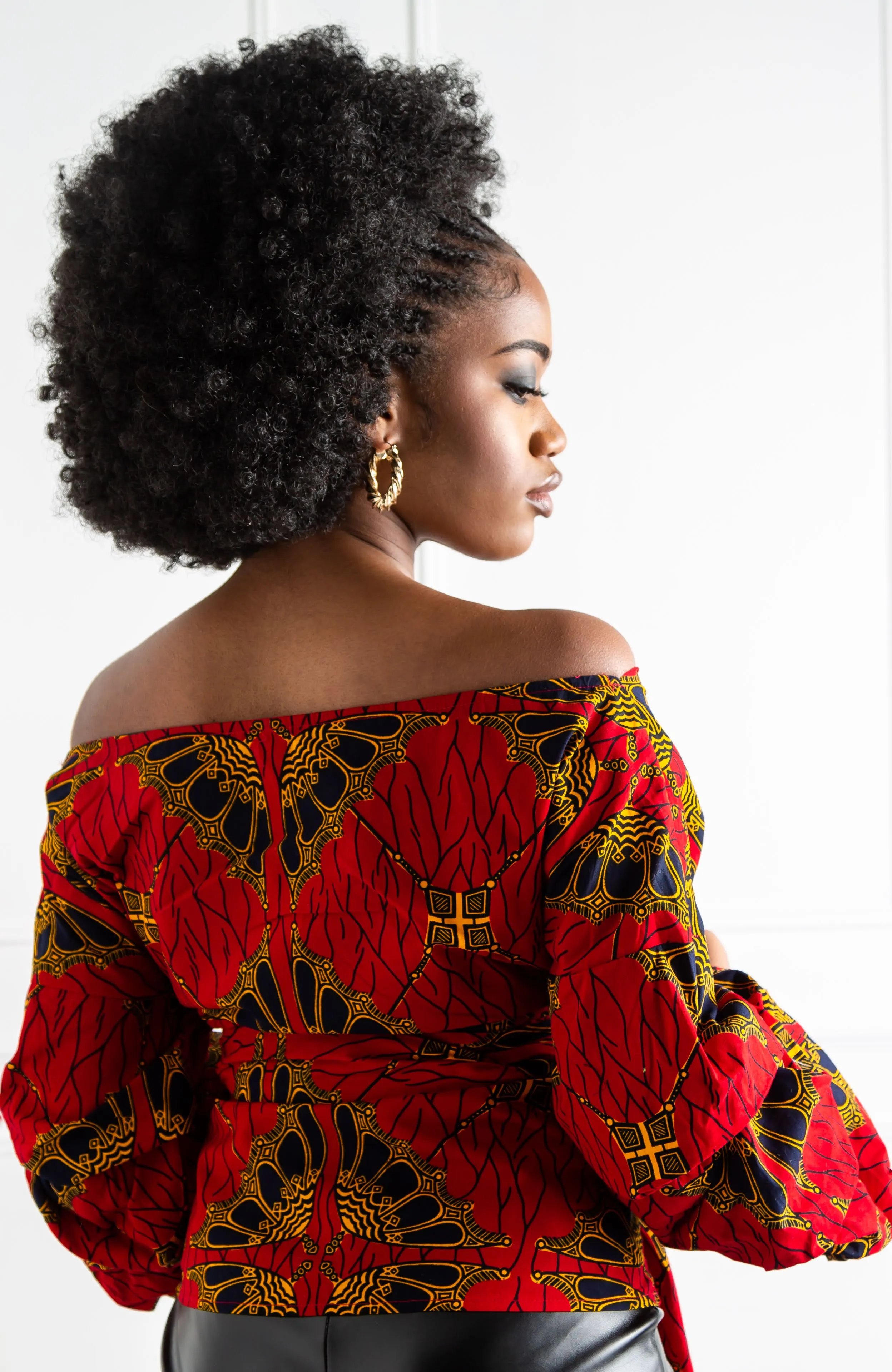 Red Ankara Off Shoulder Wrap Blouse - Ankara Wrap Bardot Top - CORDELIA