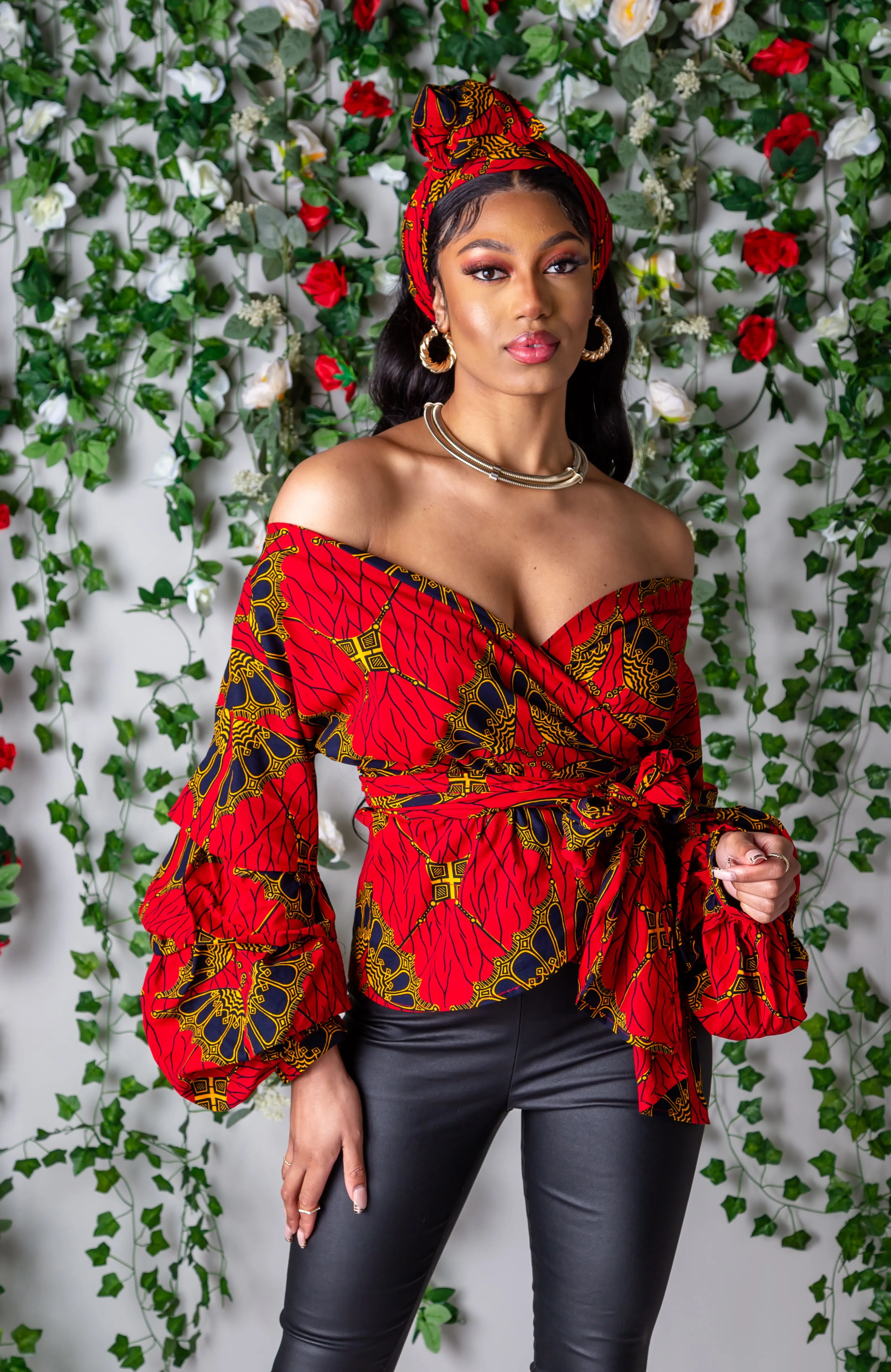 Red Ankara Off Shoulder Wrap Blouse - Ankara Wrap Bardot Top - CORDELIA