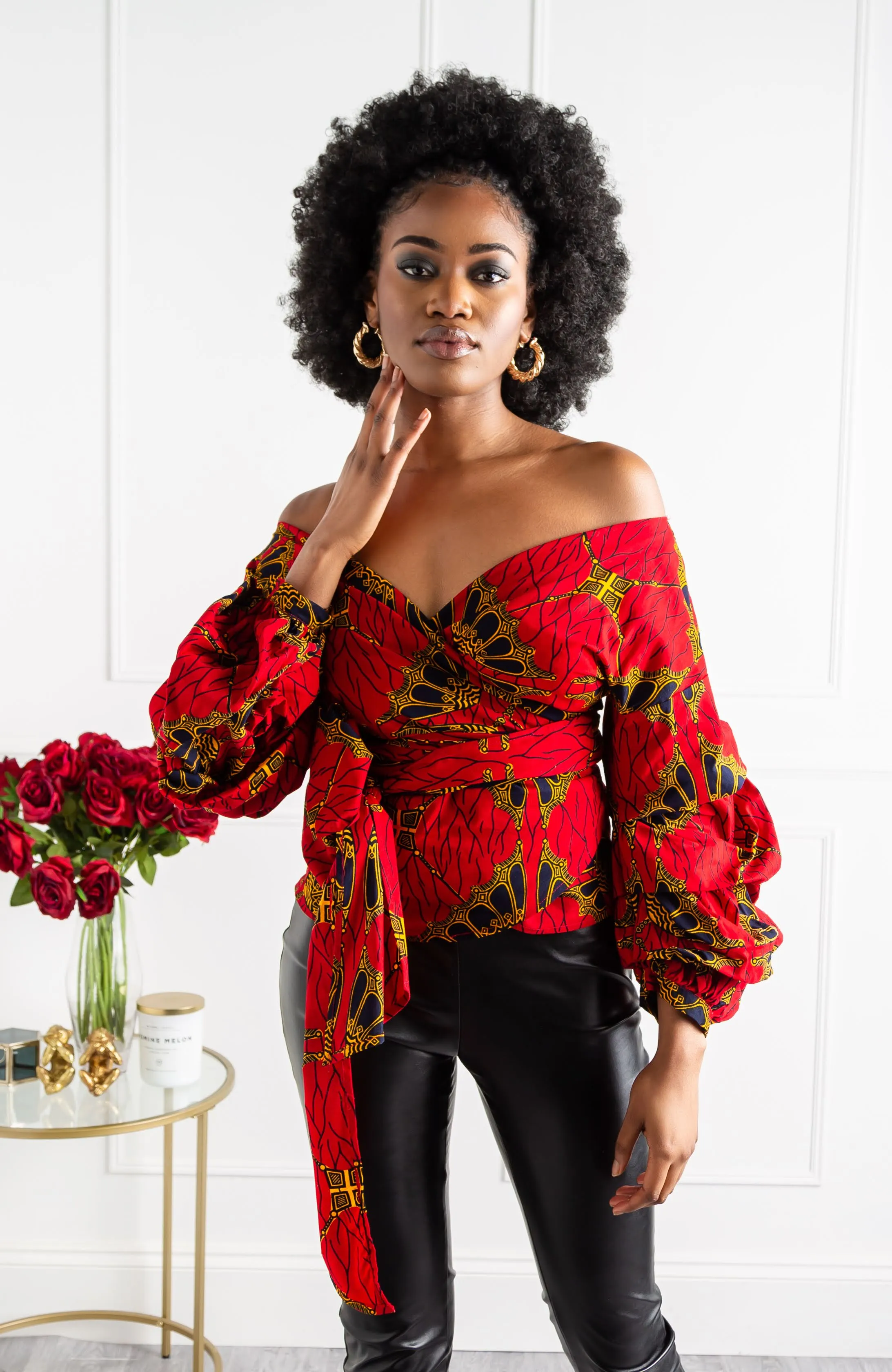 Red Ankara Off Shoulder Wrap Blouse - Ankara Wrap Bardot Top - CORDELIA