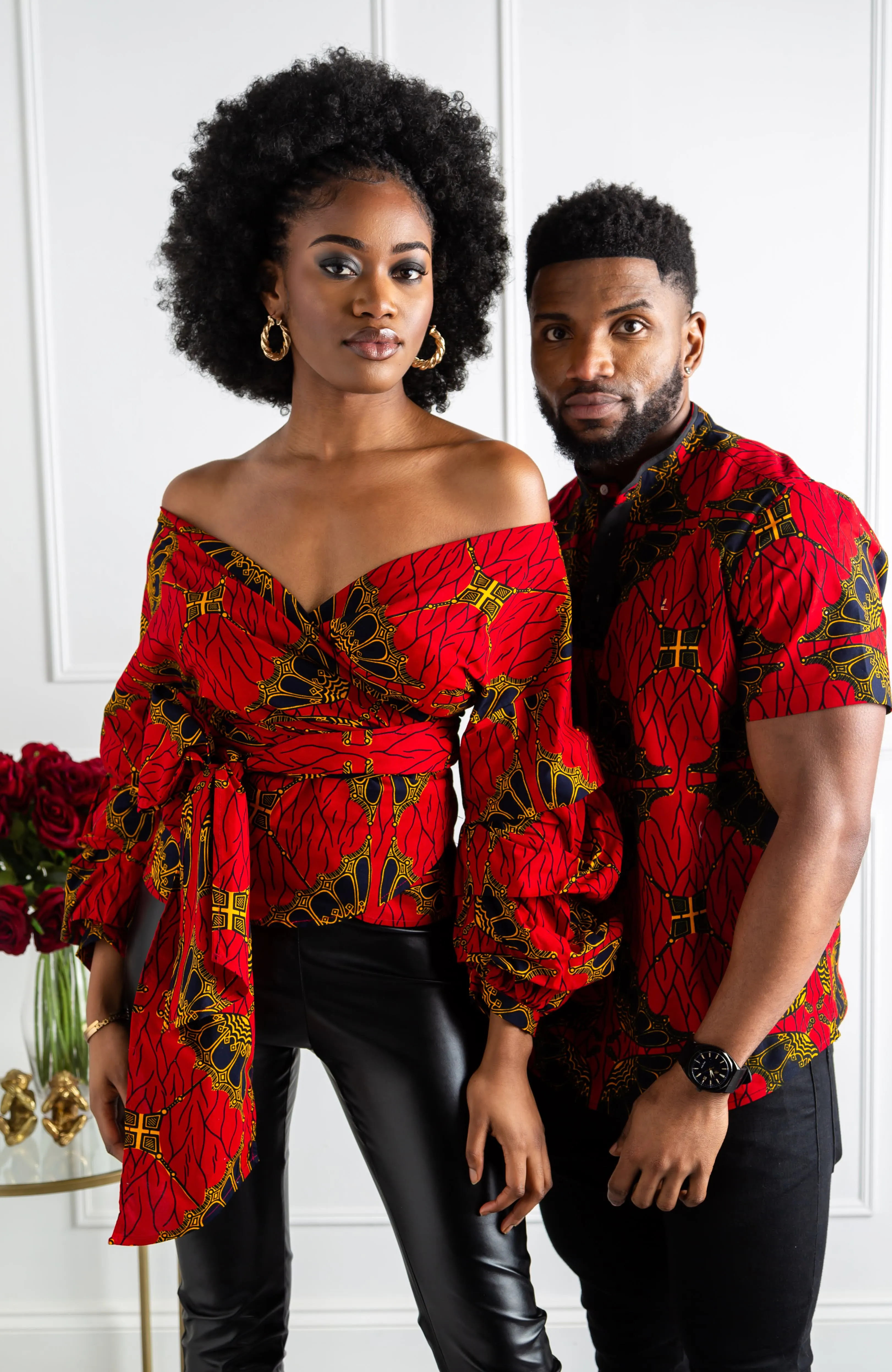 Red Ankara Off Shoulder Wrap Blouse - Ankara Wrap Bardot Top - CORDELIA