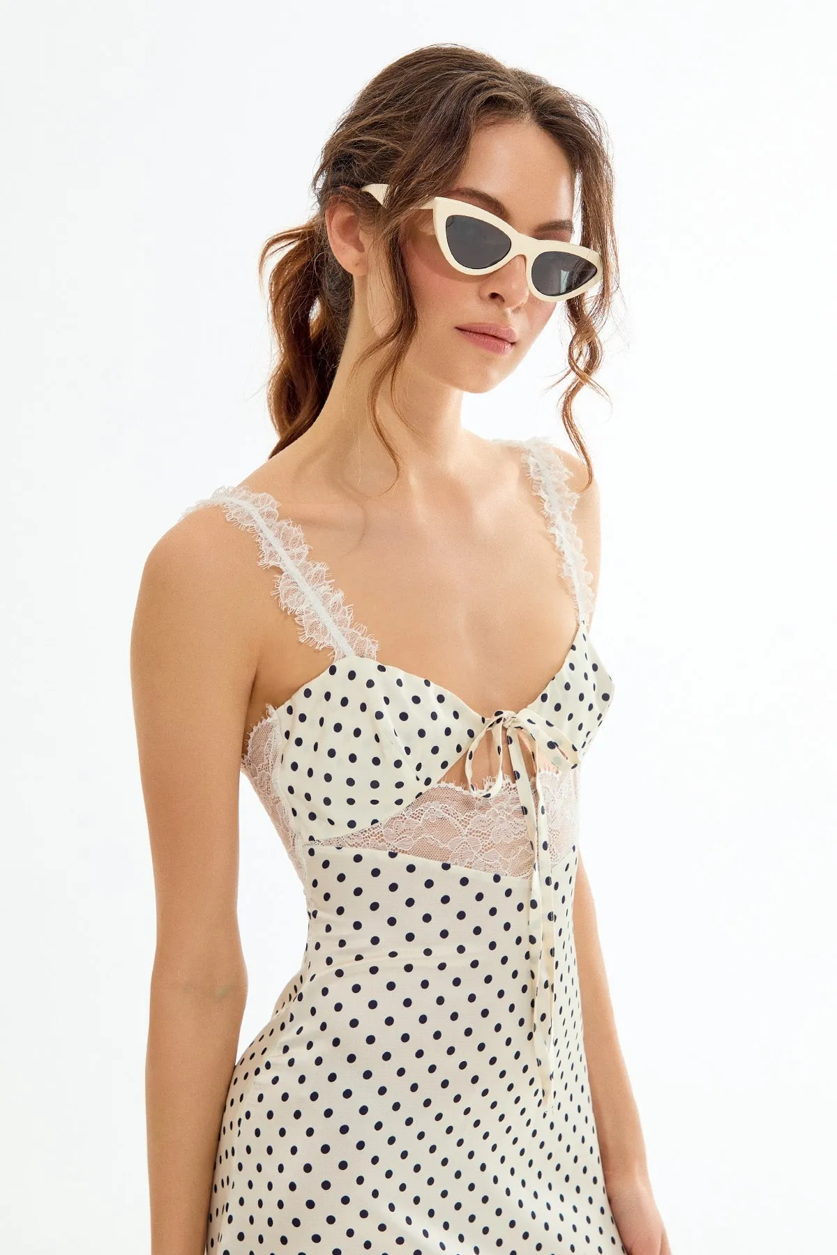 RENNA Polka Dot Pattern Lace Detailed Midi Dress