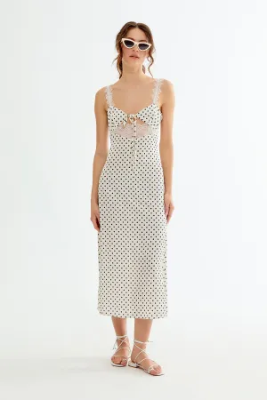 RENNA Polka Dot Pattern Lace Detailed Midi Dress