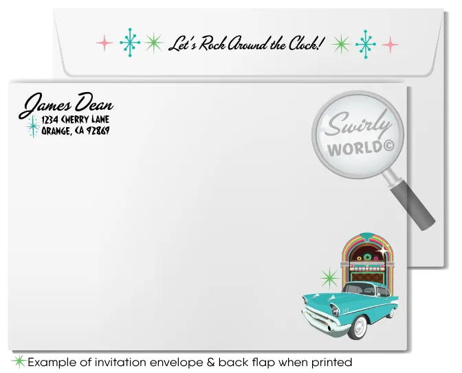 Retro 1950s Vintage Jukebox Sock Hop Grease Theme Birthday Party Printed Invitations