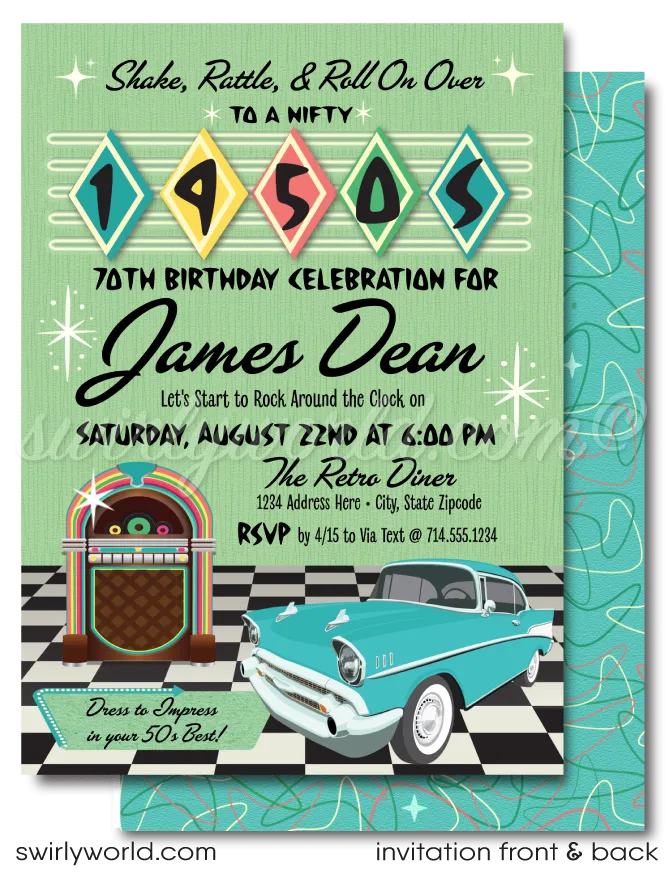 Retro 1950s Vintage Jukebox Sock Hop Grease Theme Birthday Party Printed Invitations