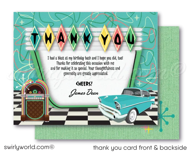 Retro 1950s Vintage Jukebox Sock Hop Grease Theme Birthday Party Printed Invitations