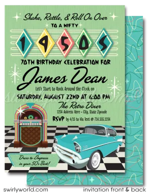 Retro 1950s Vintage Jukebox Sock Hop Grease Theme Birthday Party Printed Invitations