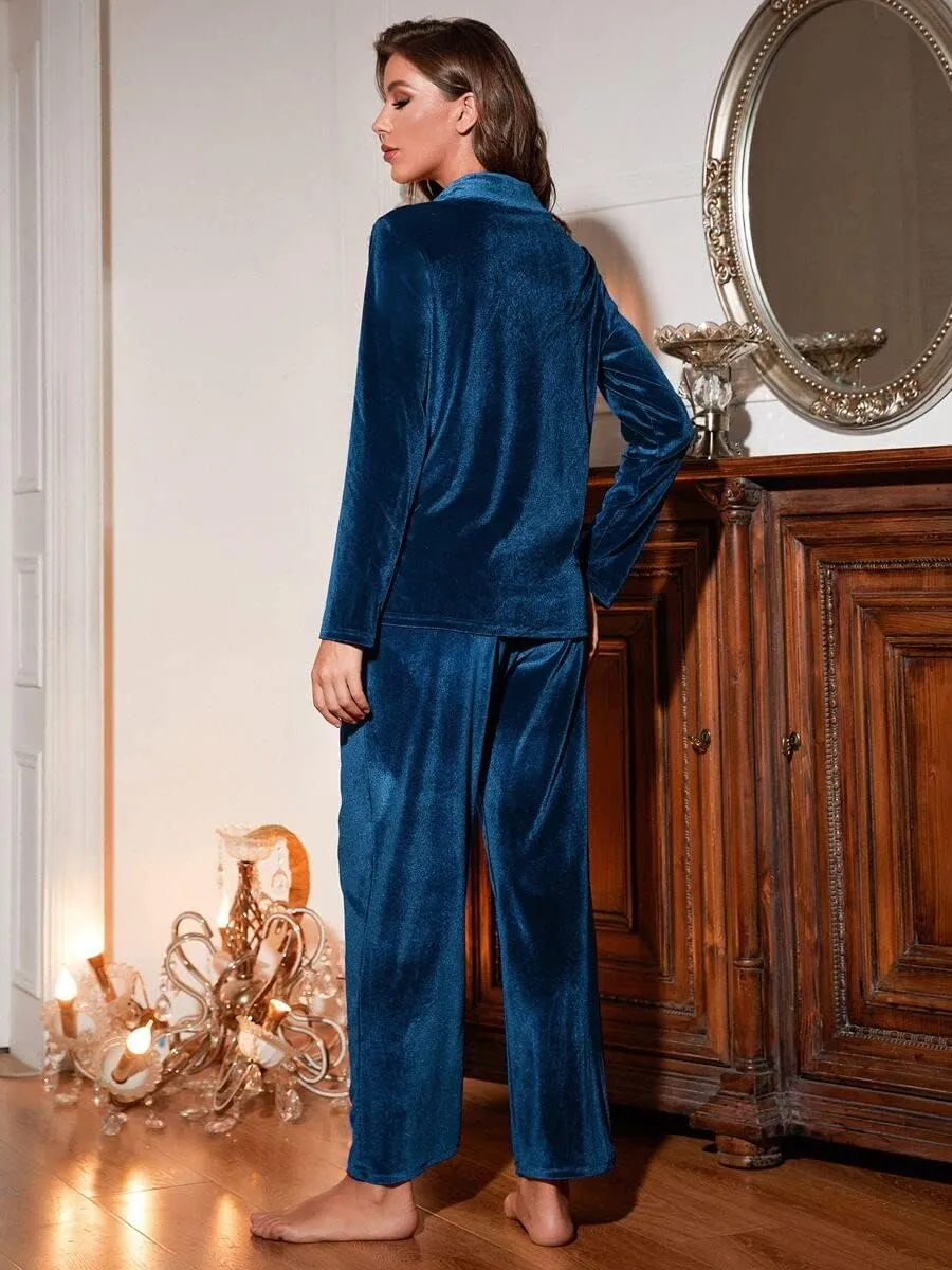 Richie Women's Lapel Collar Velvet Pajama Set