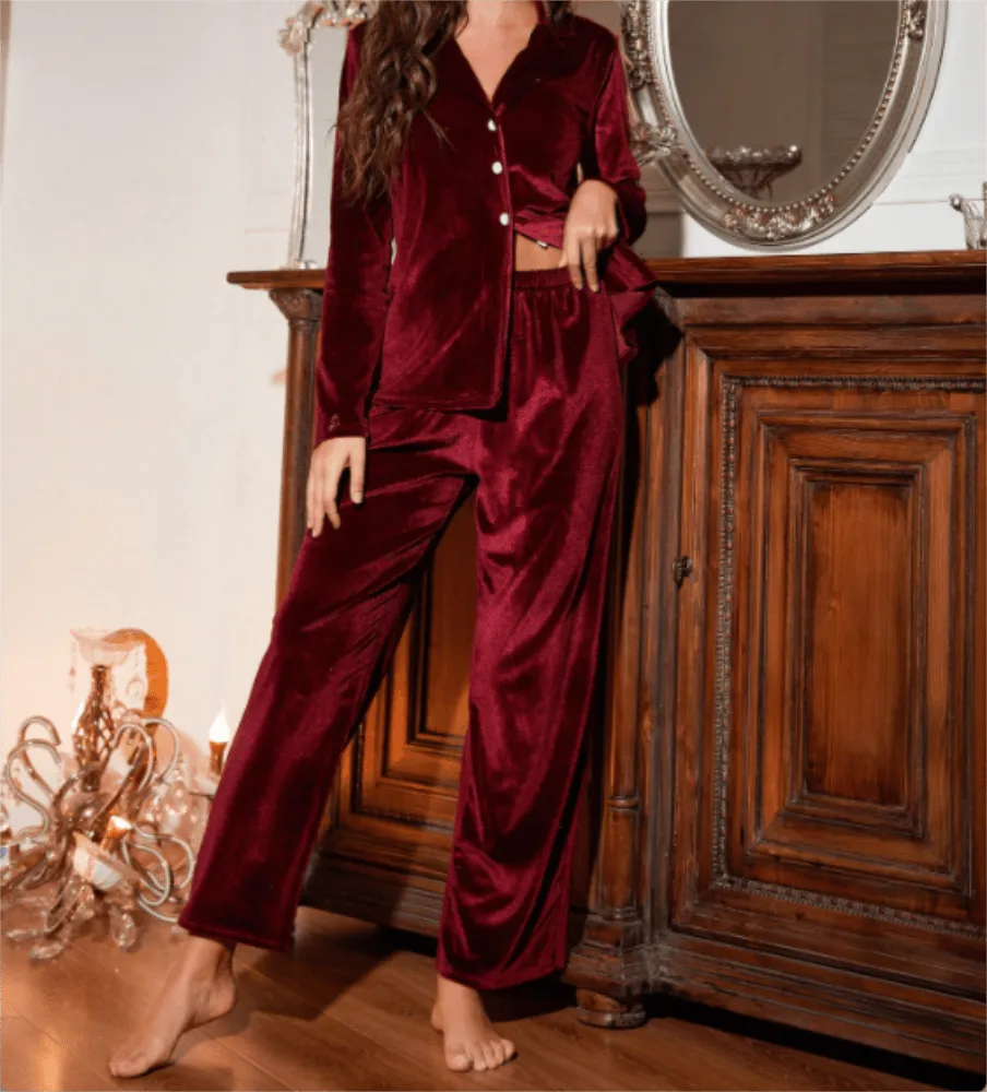 Richie Women's Lapel Collar Velvet Pajama Set