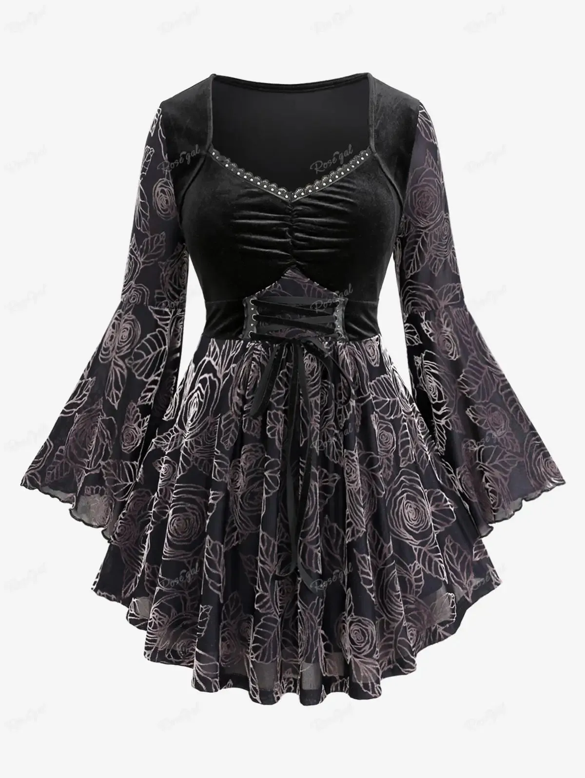 ROSEGAL Plus Size Women's T-shirt Spring Autumn Lace Trim Ruched Lace-up Flower Print Bell Sleeve Tops Casual Streetwear Blouses