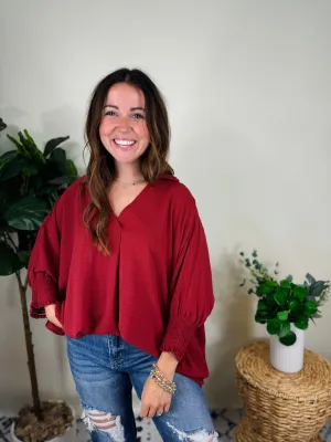 Rosewood Collared Smocked Sleeve Top