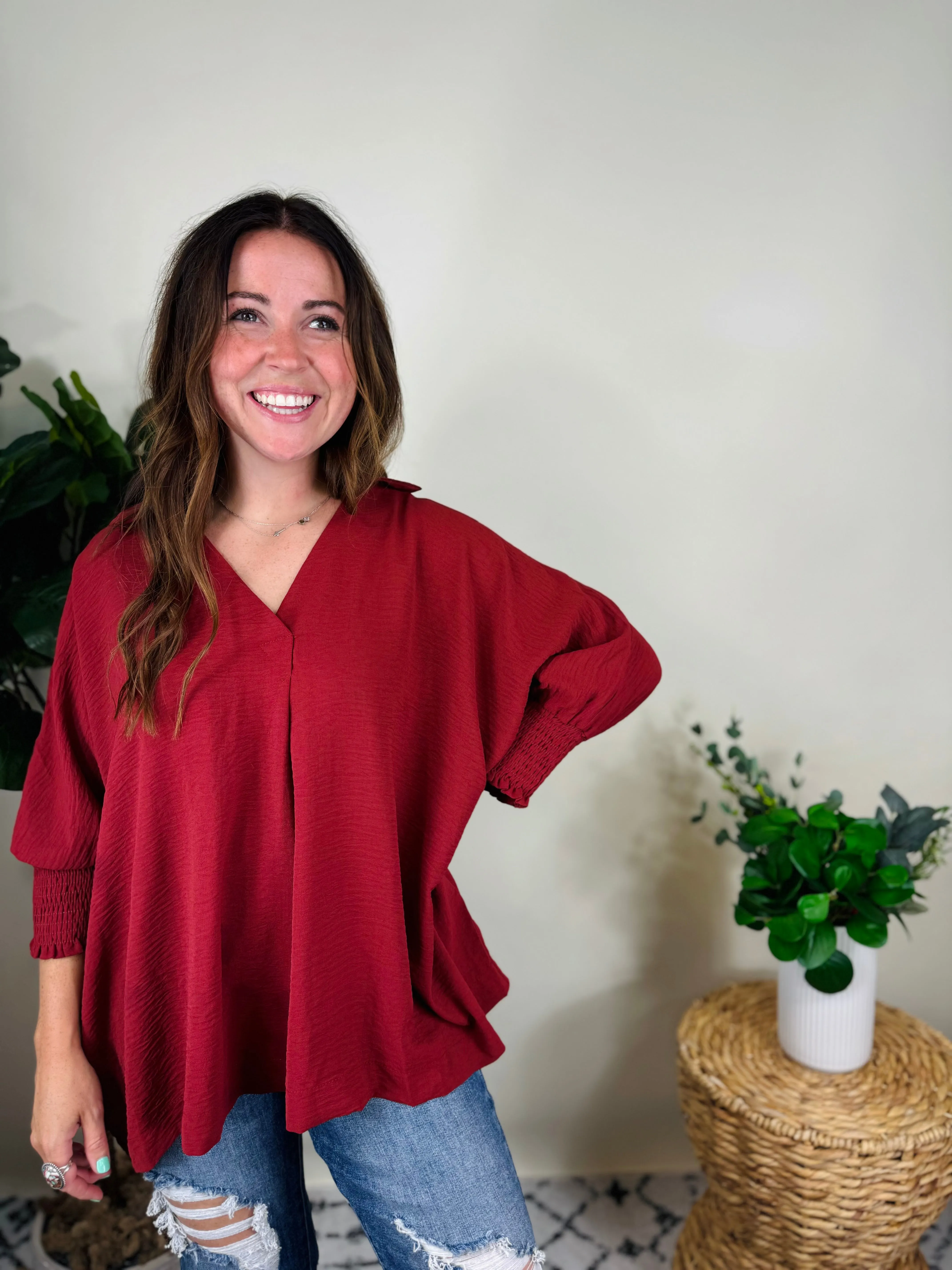 Rosewood Collared Smocked Sleeve Top