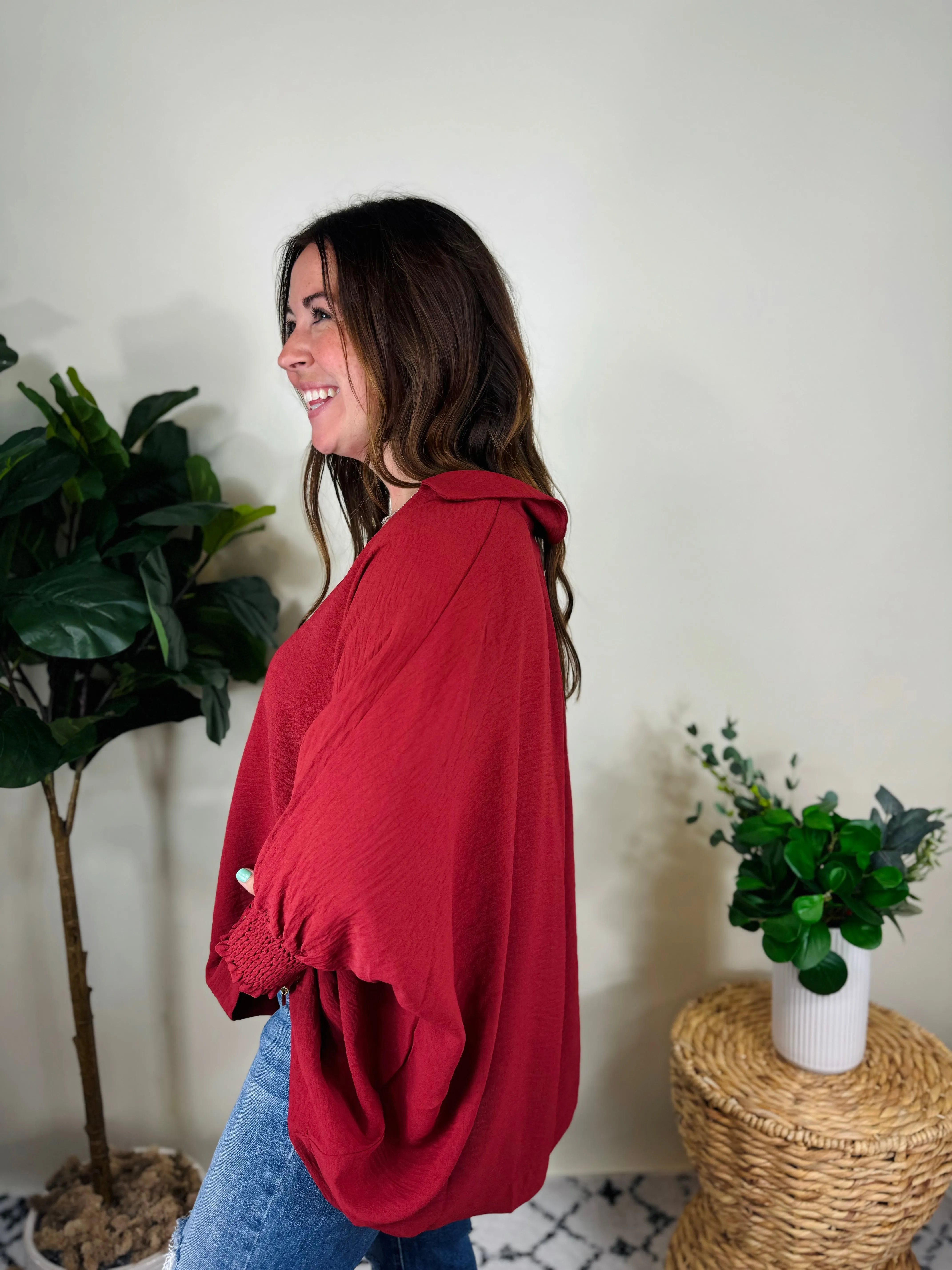 Rosewood Collared Smocked Sleeve Top