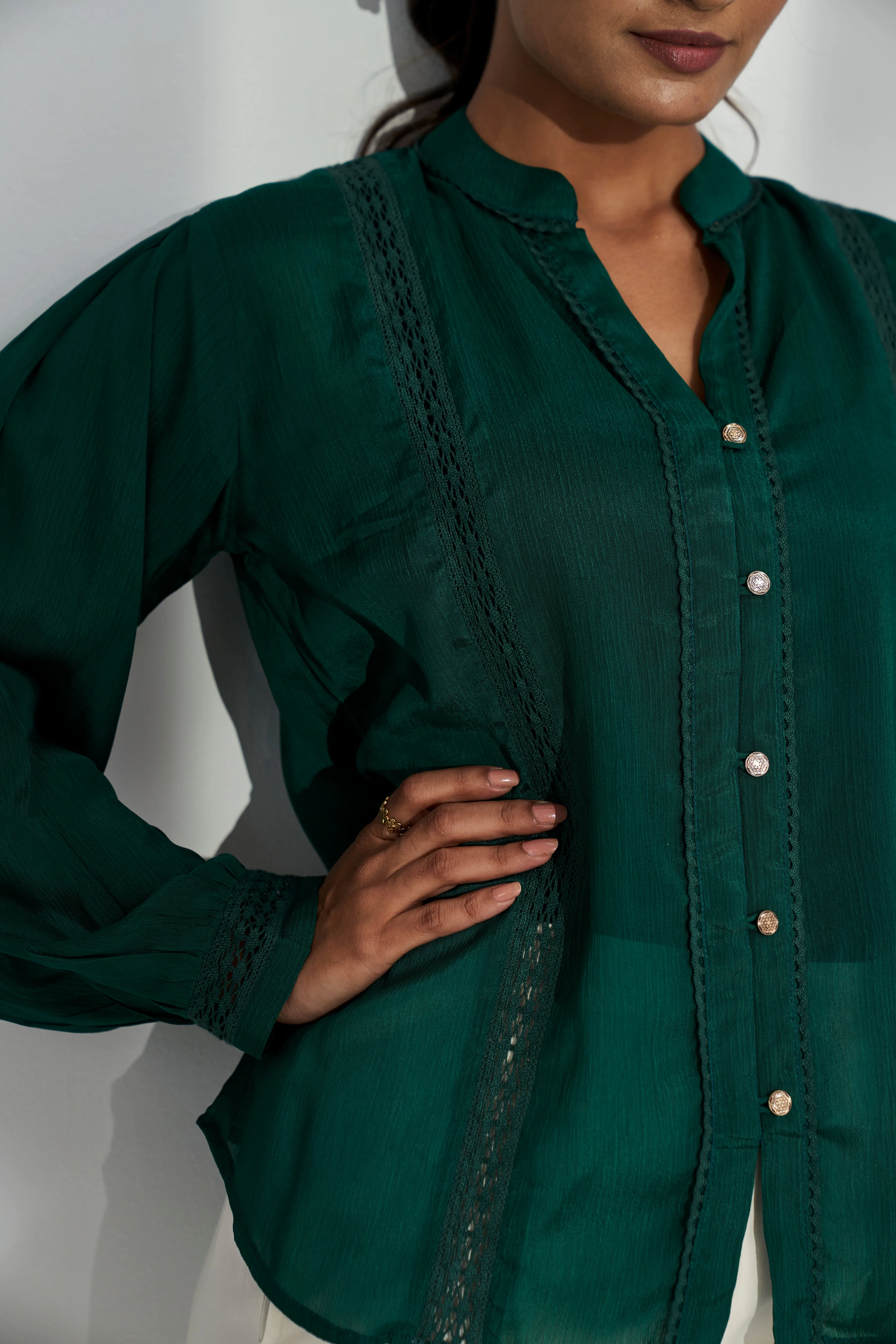 Round Neck Lace Detail Chiffon Shirt