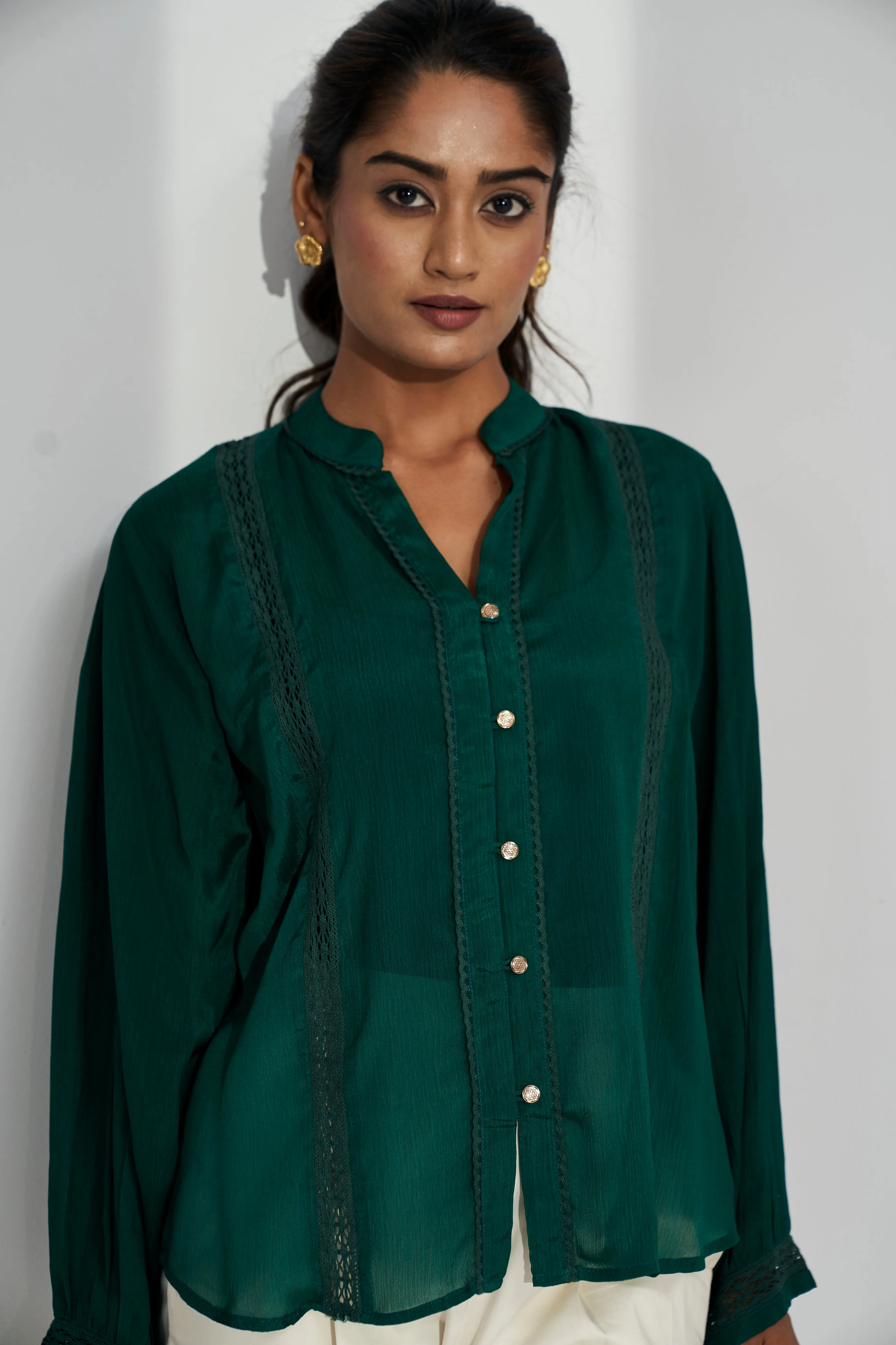 Round Neck Lace Detail Chiffon Shirt