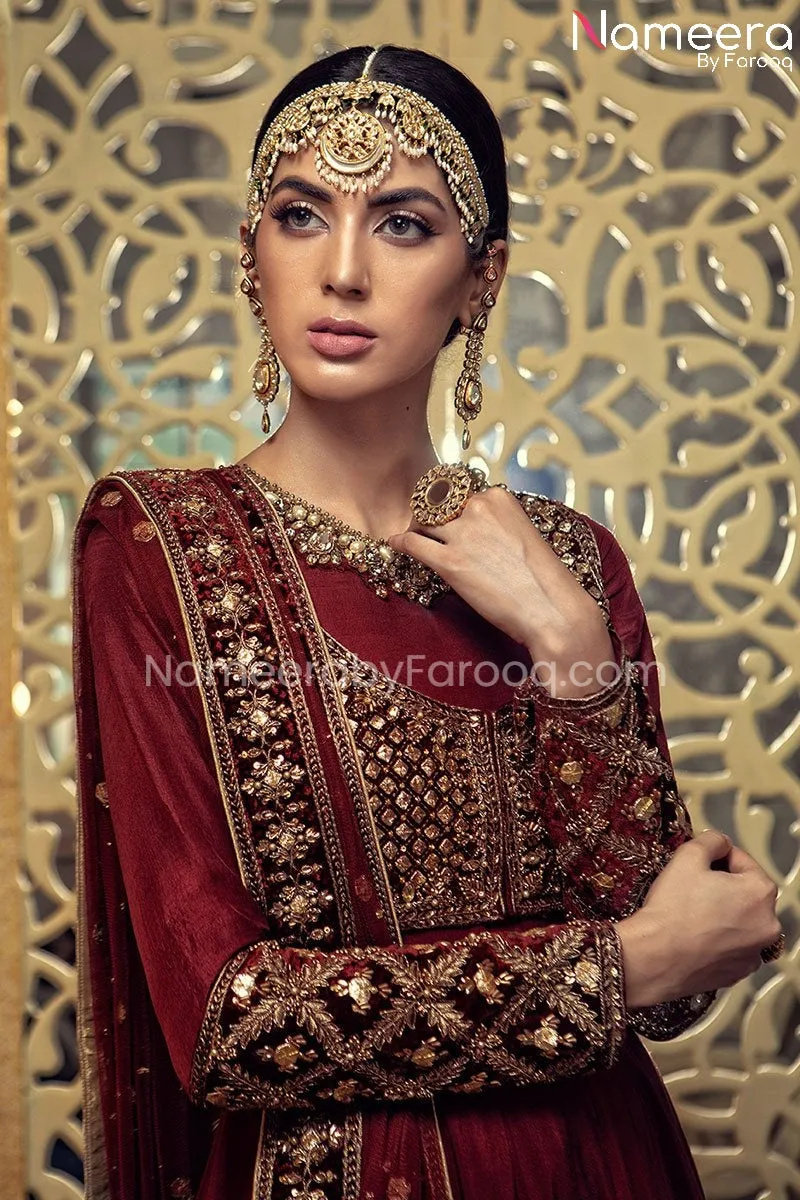 Royal Red Velvet Frock Bridal Dress Pakistani #BS73