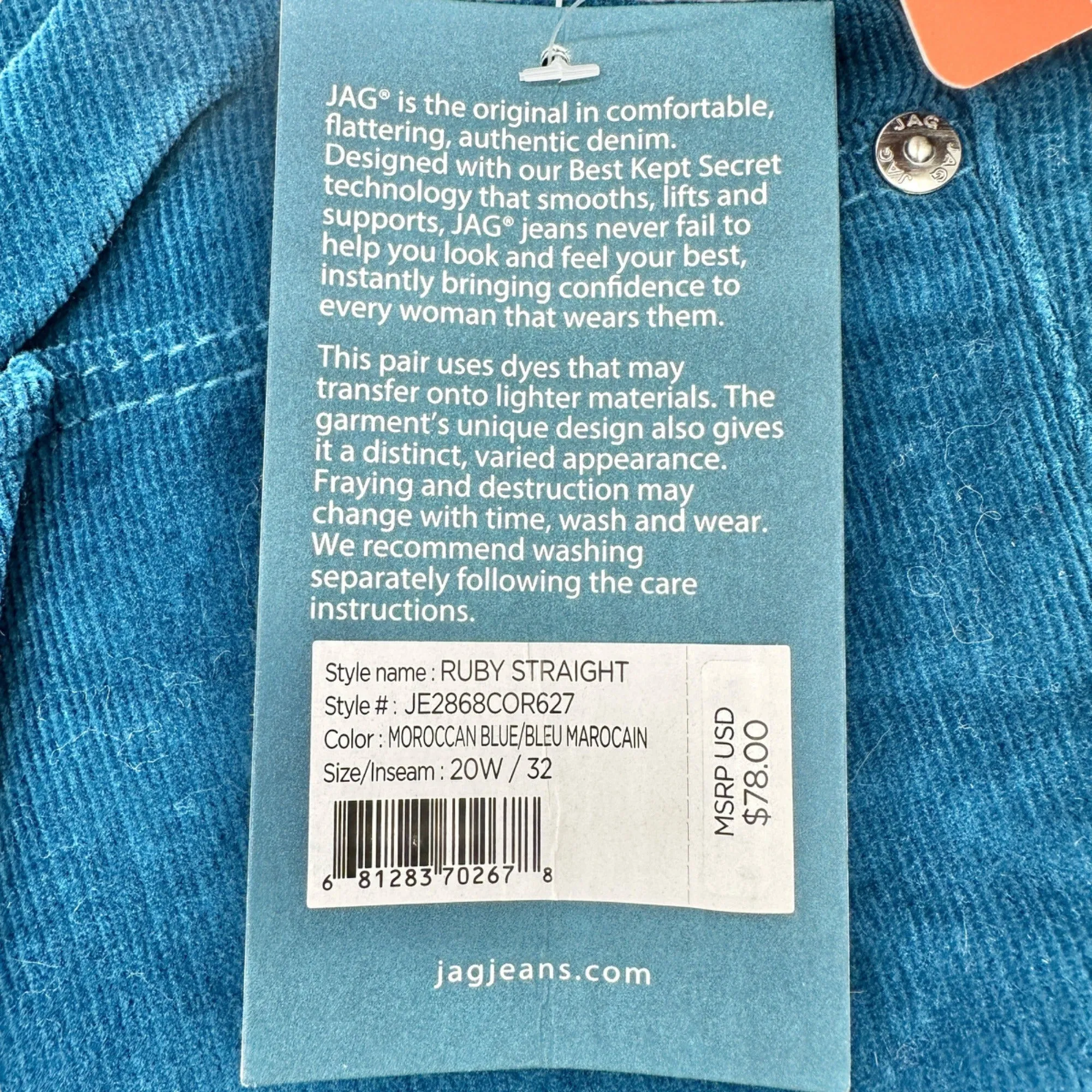 Ruby Mid Rise Straight Corduroy Pants Womens 20W Moroccan Blue By JAG Cotton